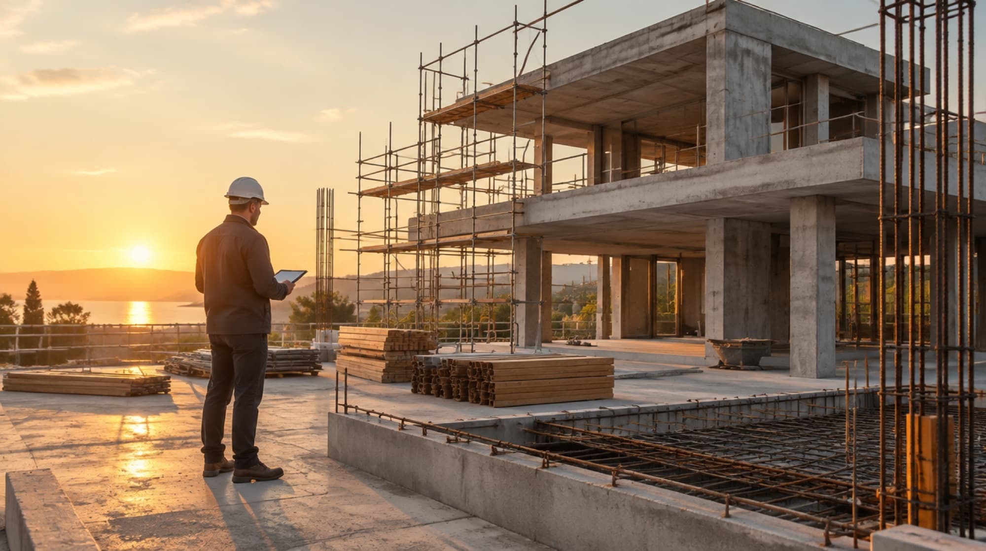 Betonarme kaba inşaatı süren yapının önünde, tabletinden iş programını kontrol eden şantiye sorumlusu