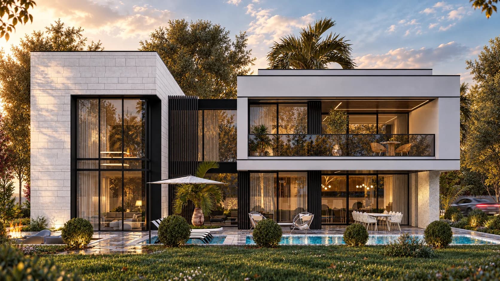 Gün batımında aydınlatılmış, taş kaplamalı ve geniş camlı modern villa tasarımı ile havuzu